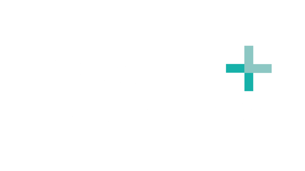 SCALE Healthcare RCM logo with teal cross on black background, representing revenue cycle management services.