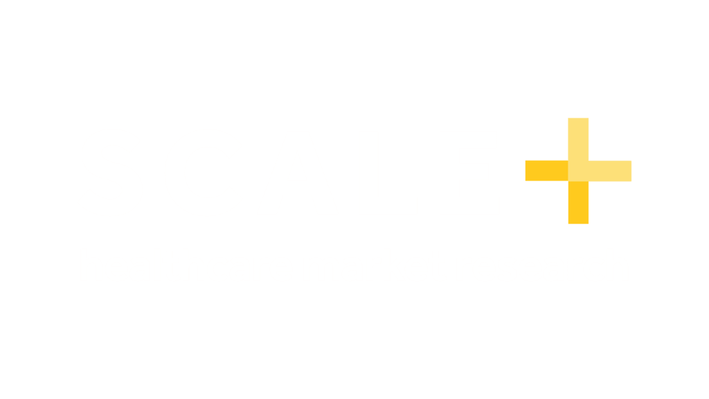 SCALE Market Research logo with yellow plus sign, text "healthcare market research" on black background.