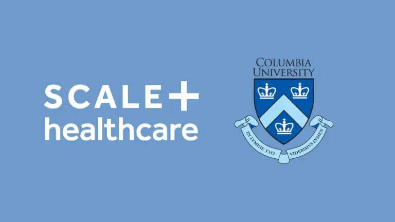 SCALE Healthcare and Columbia University logo on blue background, partnership banner.