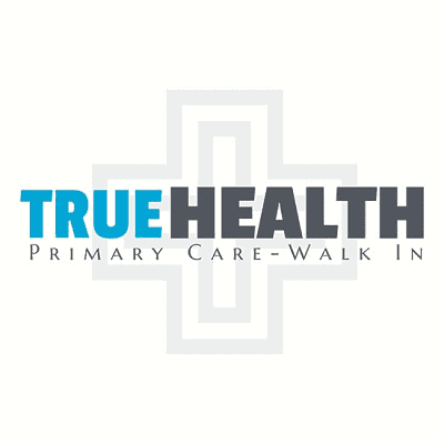 TrueHealth logo with cross symbol, primary care walk-in clinic branding, healthcare services graphic design.