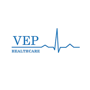 VEP Healthcare logo with blue heartbeat line, medical branding, 300x300 image.