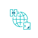 Acquisition integration icon with puzzle pieces and globe, symbolizing global business growth and strategic partnerships.