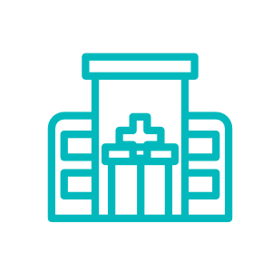 Hospital building icon with medical cross, teal outline, healthcare symbol, isolated on white background.