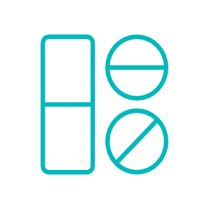 Pharmaceutical icon with pill bottle and tablets, representing medication or pharmacy concept in teal outline.