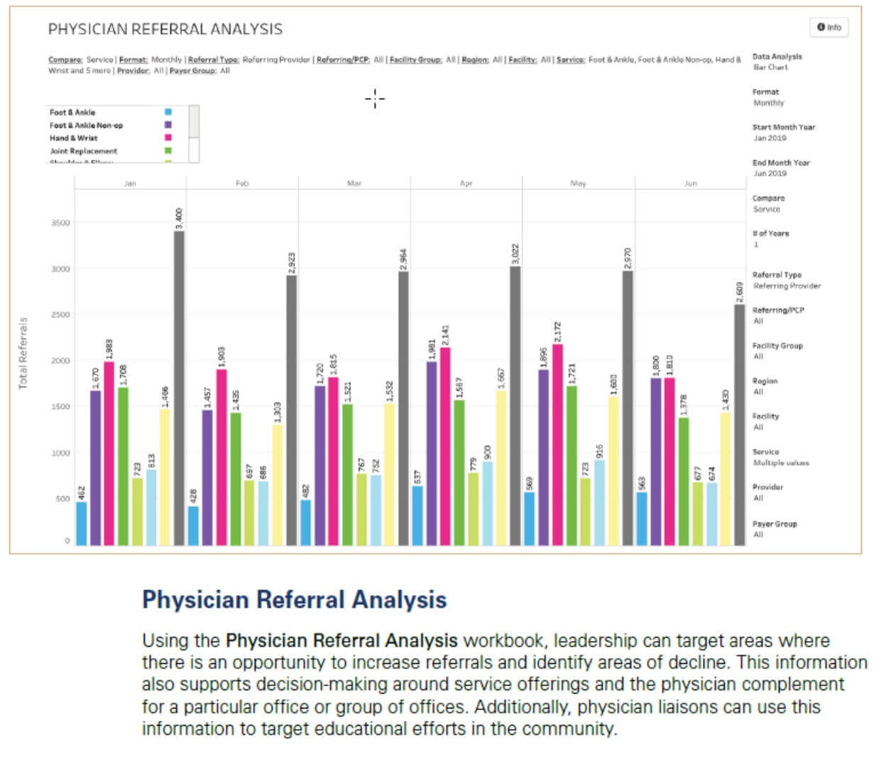 Physician referral analysis bar chart showing monthly data trends for various medical services from January to June 2019.