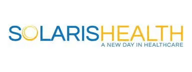 Solaris Health logo with tagline "A New Day in Healthcare" in blue and yellow text on white background.