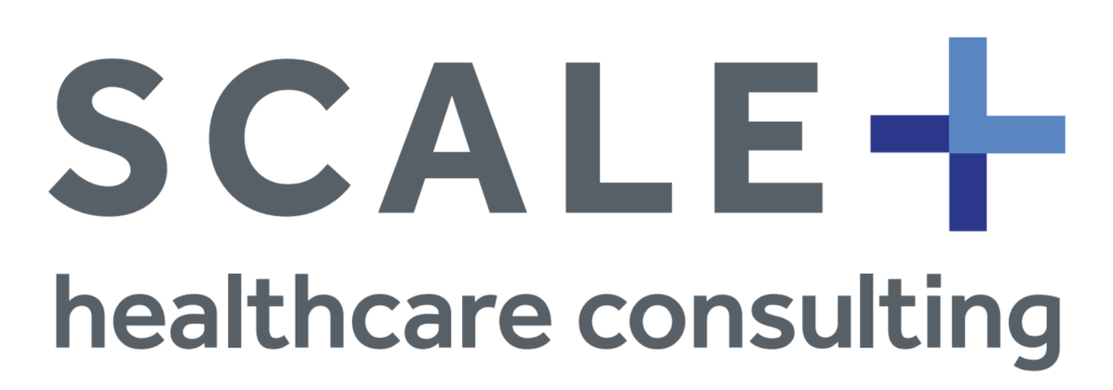 SCALE Healthcare Consulting logo with blue plus symbol on transparent background.