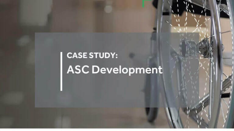 Case study on ASC Development with wheelchair wheel in background, highlighting healthcare innovation and accessibility.