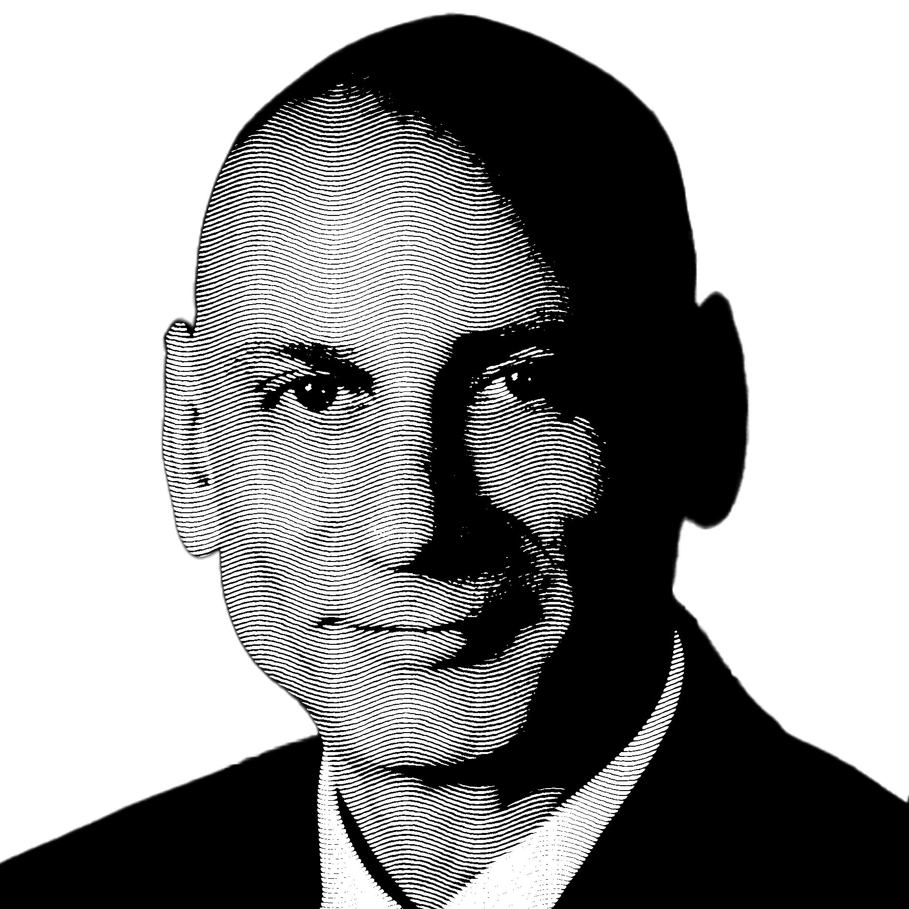 Hedcut portrait of a man in a suit, black and white illustration style, detailed lines, artistic representation.