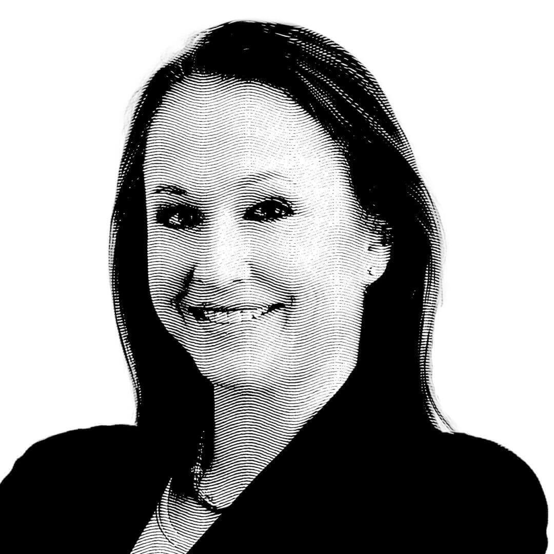 Stylized black and white hedcuts portrait of a smiling woman with long hair, wearing a necklace and blazer.