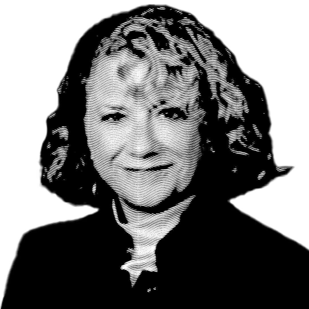 Black and white hedcut portrait of a woman with curly hair, wearing a suit; detailed line art illustration.