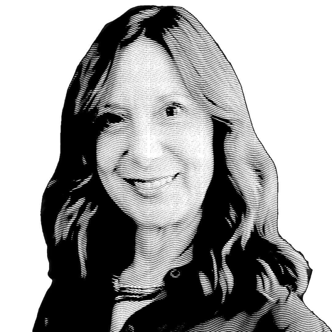 Hedcut illustration of a smiling woman with wavy hair, black and white portrait style, detailed line art.