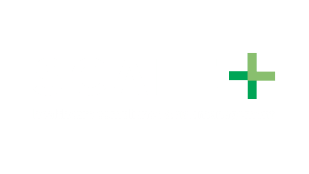 Healthcare compliance and risk management logo, SCALE+ with green plus symbol on black background.