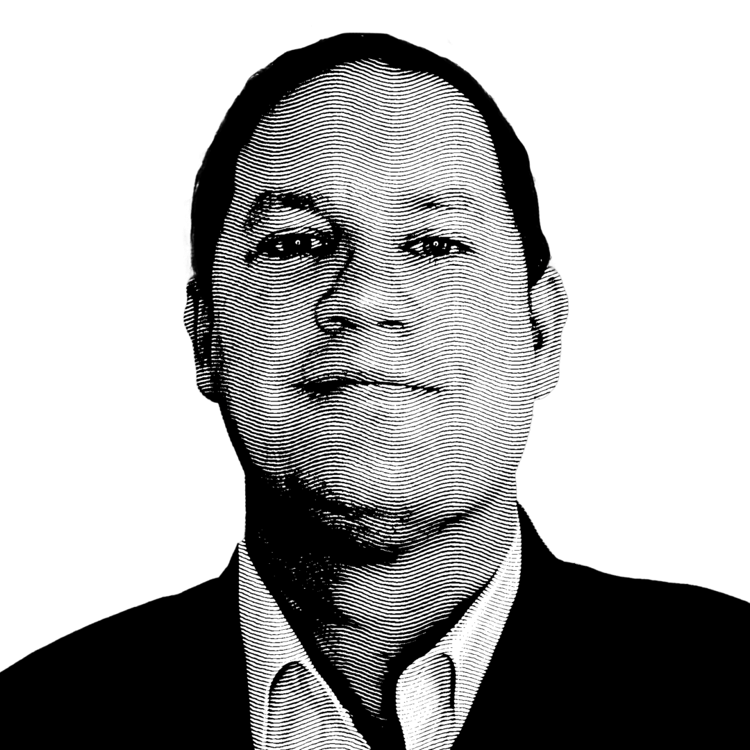 Digital illustration of a man in a suit, black and white line art, abstract portrait on a black background.