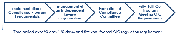 Compliance program timeline: Implementation, Review Organization, Compliance Committee, OIG Requirements. 90-120 days, first-year OIG compliance.