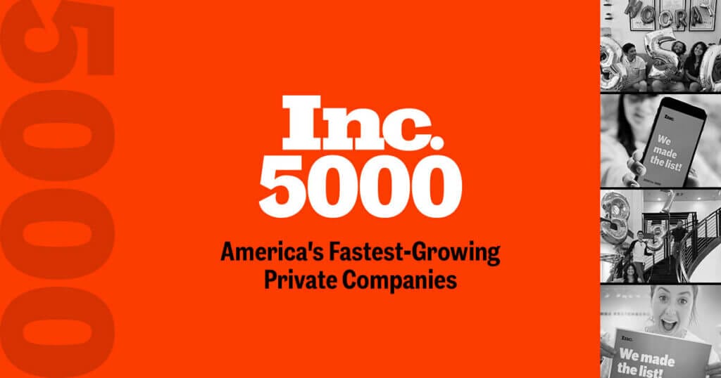 Inc 5000 logo, highlighting America's fastest-growing private companies, orange background, business growth recognition.