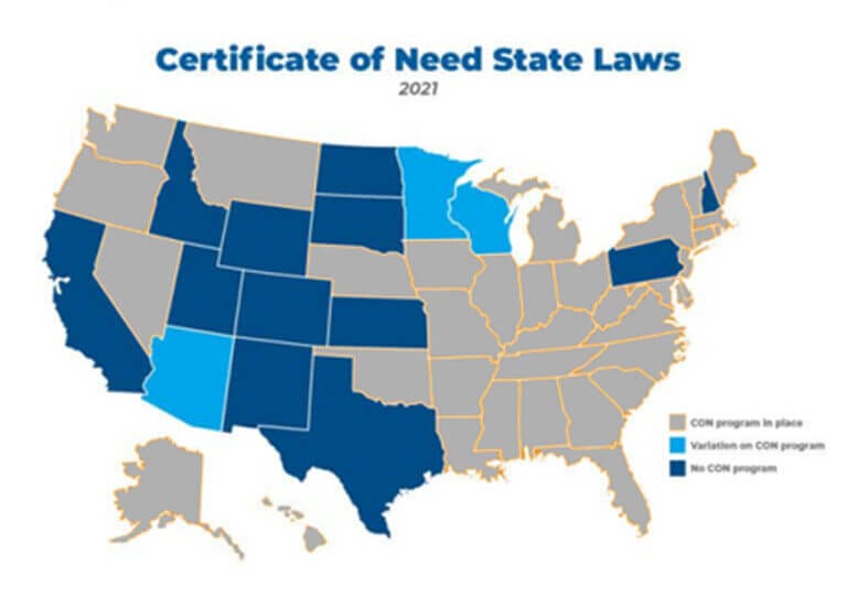 USA map showing 2021 Certificate of Need state laws with color-coded CON program variations.