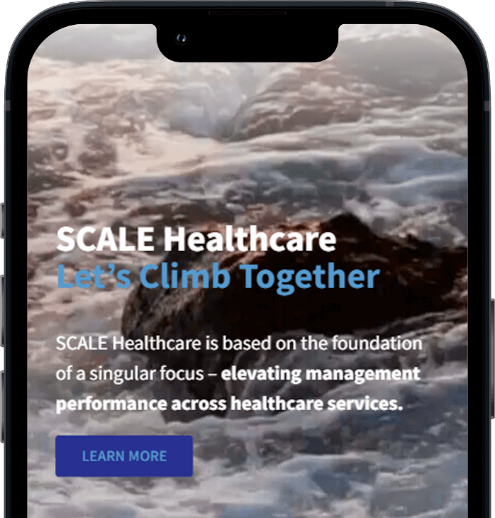 SCALE Healthcare mobile banner with text "Let's Climb Together" over mountain landscape, promoting healthcare services improvement.