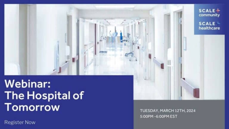 Webinar promotion for "The Hospital of Tomorrow" on March 12, 2024, showcasing modern healthcare innovations.