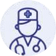 Doctor icon with stethoscope, medical cap, healthcare symbol, blue outline on white background.
