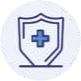 Health insurance shield icon with a blue cross inside, representing medical protection and security services.