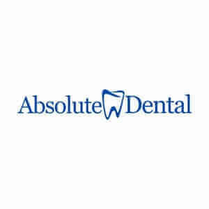 Absolute Dental logo featuring a stylized tooth graphic, blue text on white background, dental care branding.