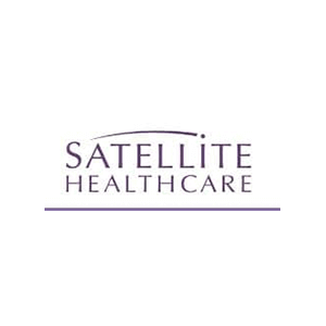 Satellite Healthcare logo, purple text with line design, healthcare branding image, 300x300 pixels.