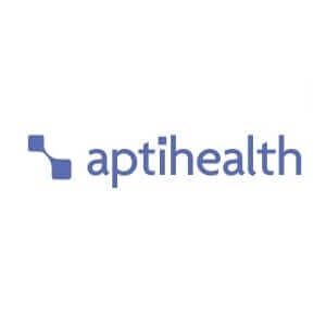 Aptihealth logo, blue text with abstract symbol, mental health services branding.