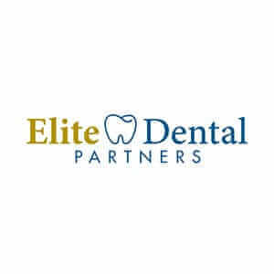 Elite Dental Partners logo with tooth icon, blue and gold text, dental services branding.
