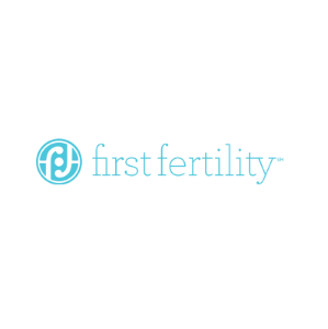 First Fertility logo, blue text with circular emblem, fertility clinic branding, transparent background.