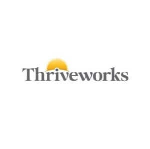 Thriveworks logo with a yellow sun rising above the text, symbolizing growth and positivity in mental health services.