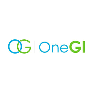 One GI logo in blue and green, featuring stylized letters and text on a white background, healthcare branding image.