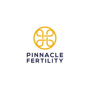 Pinnacle Fertility logo with golden abstract symbol above bold blue text on white background.