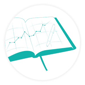 Open book with graph icon, teal color, representing meeting notes, data analysis, business planning, 300x300 image.