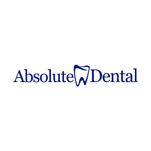 Absolute Dental logo with blue text and tooth icon, representing dental care services and oral health solutions.