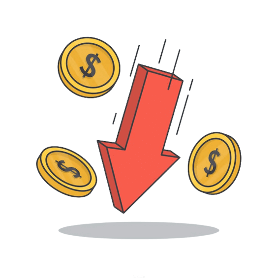 Red arrow pointing down with falling gold coins, symbolizing financial loss or declining profits.