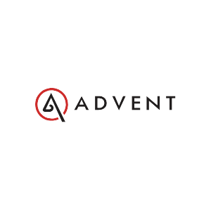 Advent logo with stylized letter A in black and red circle, minimalist design, transparent background.