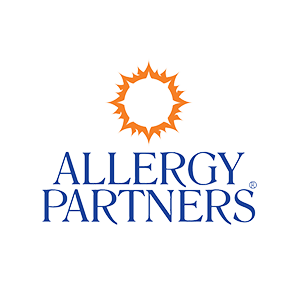 Allergy Partners logo with blue text and orange sunburst, representing allergy care specialists and healthcare services.
