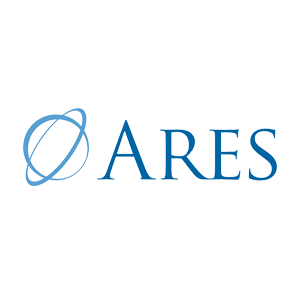 Ares logo with blue text and orbit design, representing technology and innovation in branding, isolated on a white background.
