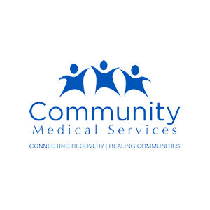 Community Medical Services logo featuring three stylized blue figures and tagline "Connecting Recovery, Healing Communities".