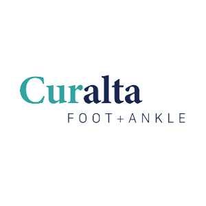 Curalta Foot and Ankle logo, podiatry healthcare branding, blue-green text design on transparent background.