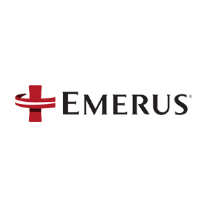 Emerus logo featuring a red cross symbol and bold black text, representing healthcare and emergency medical services.