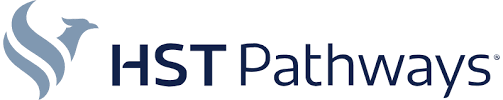 HST Pathways logo with stylized blue bird design, healthcare software branding, and bold text.