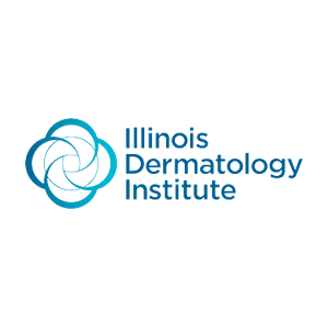 Illinois Dermatology Institute logo with blue abstract design and text, representing skincare and dermatology services.