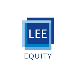 Logo of Lee Equity Partners featuring overlapping blue squares and bold white text.