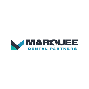 Marquee Dental Partners logo with stylized "M" design, modern typography, and blue accents for dental branding.
