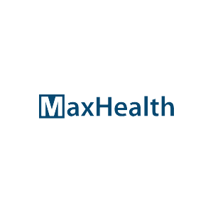 MaxHealth logo with blue text on a transparent background, representing healthcare and wellness brand identity.