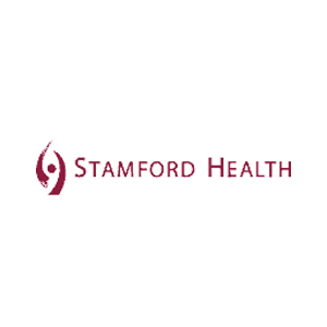 Stamford Health logo, featuring a stylized design, maroon text, and medical-themed emblem on a transparent background.