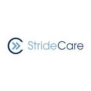 StrideCare logo with blue arrows and text on transparent background, healthcare branding, digital identity.