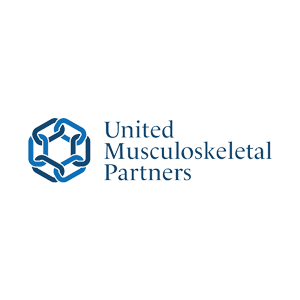 United Musculoskeletal Partners logo featuring a blue geometric design and text, representing orthopedic healthcare services.
